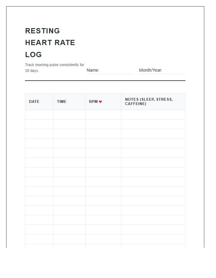 Resting Heart Rate Log Sheet Printable Chart