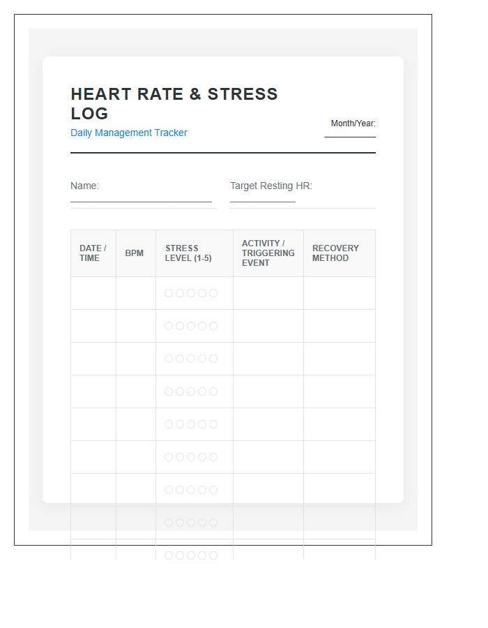 Stress Management Heart Rate Log Printable Chart