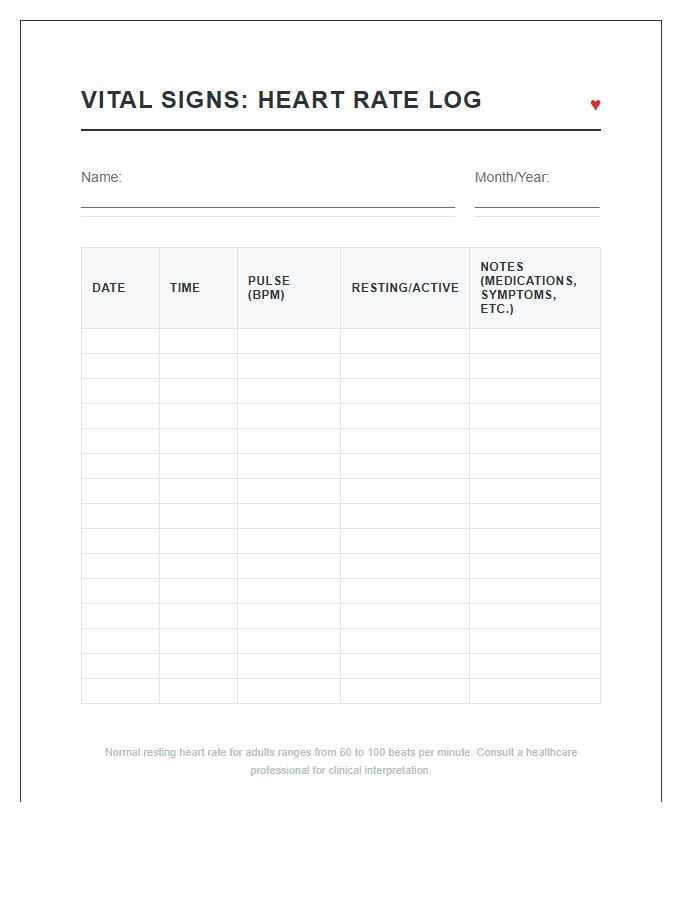 Vital Signs Heart Rate Log Printable Chart