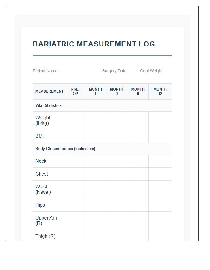 Bariatric Patient Body Measurement Log Printable Chart