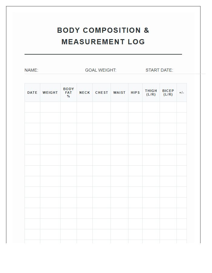 Body Composition And Measurement Log Printable Chart