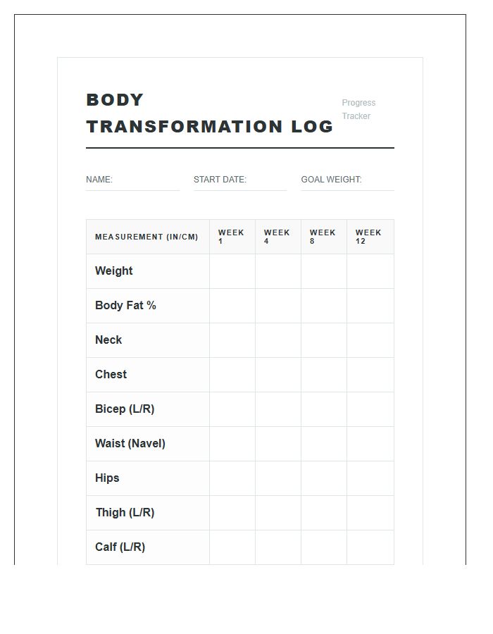 Body Transformation Measurement Log Chart Printable