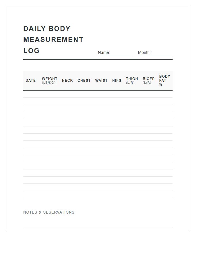 Daily Body Measurement Log Chart Printable Page