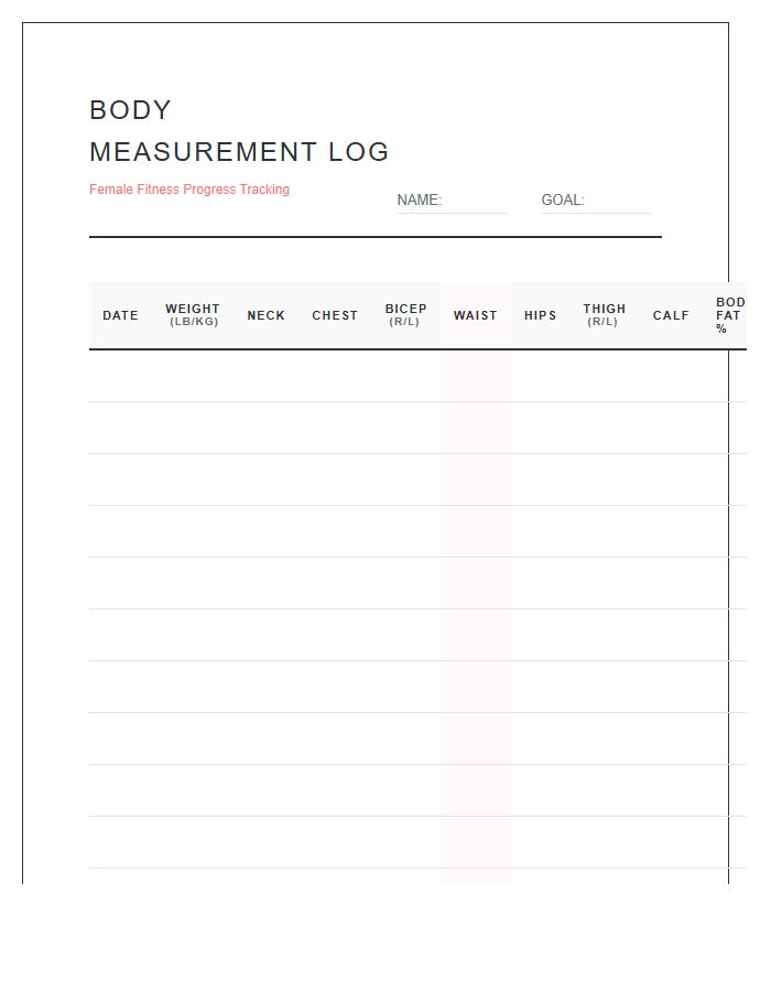 Female Fitness Body Measurement Log Chart Printable
