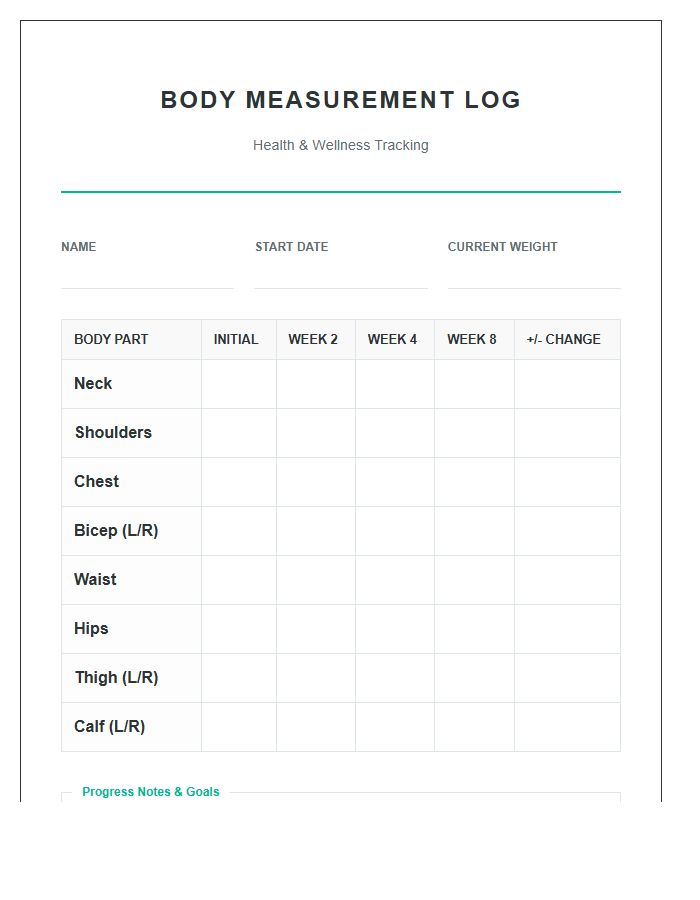 Health And Wellness Body Measurement Log Printable Chart
