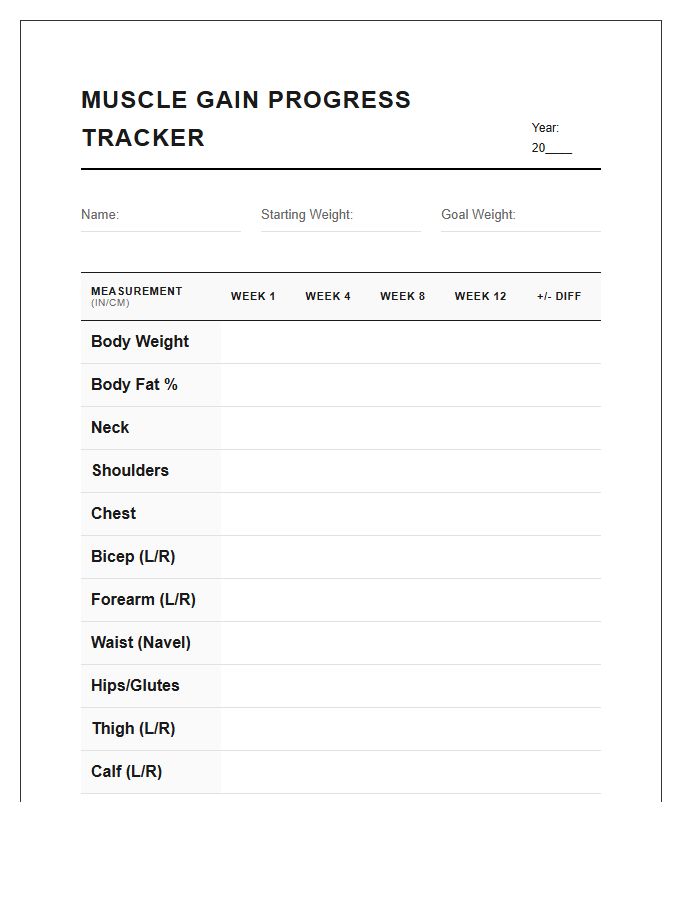 Muscle Gain Body Measurement Tracking Printable Chart