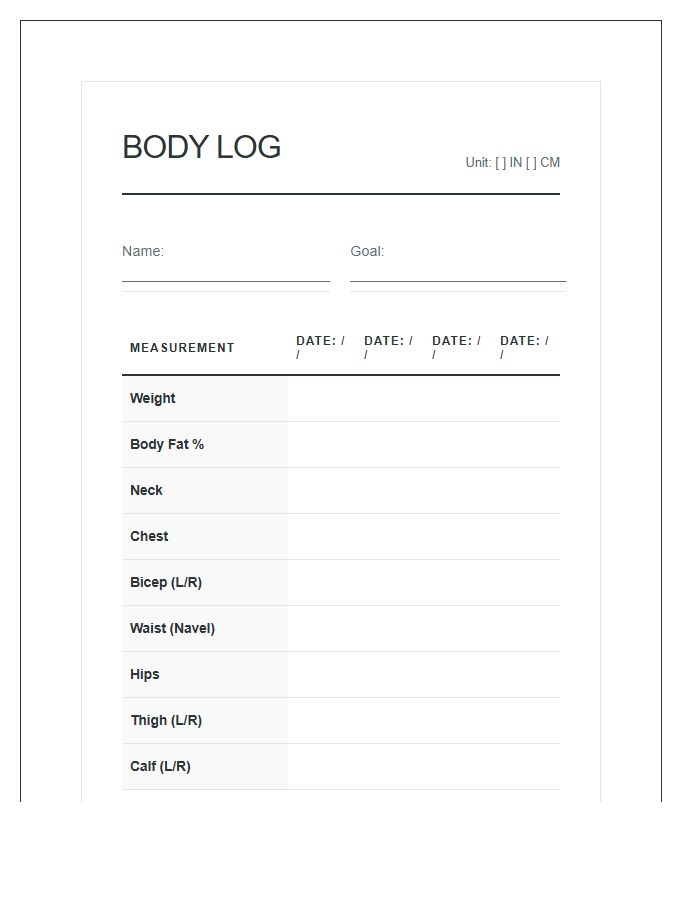 Personal Body Measurement Log Chart Printable Form