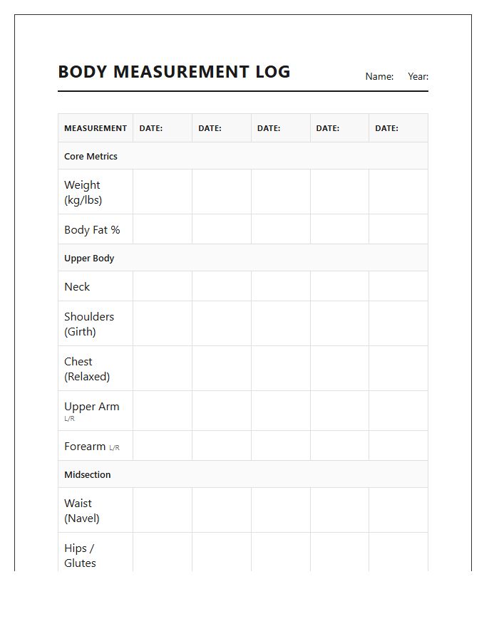Printable Body Measurement Log Chart For Bodybuilders