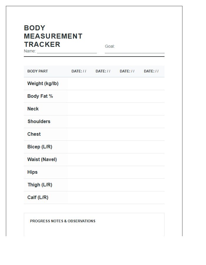 Printable Body Measurement Tracking Chart
