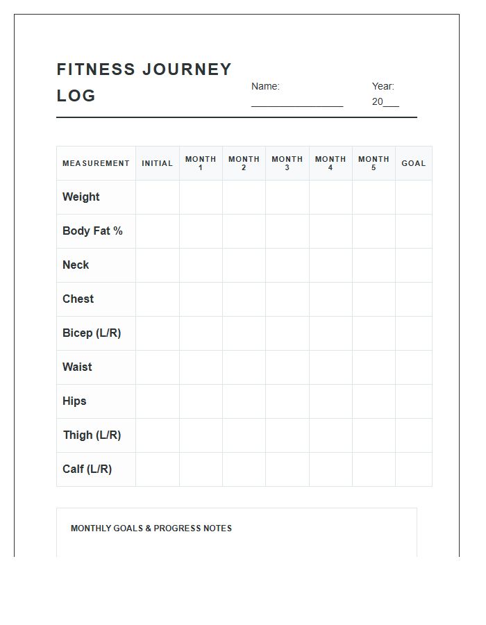 Printable Fitness Journey Body Measurement Log Chart