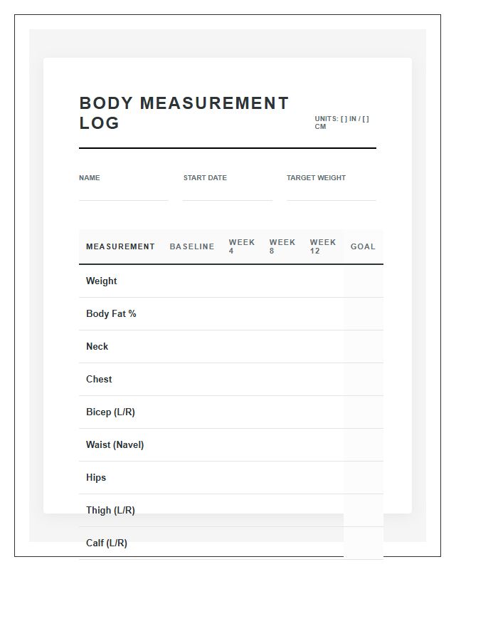 Professional Body Measurement Log Chart Printable