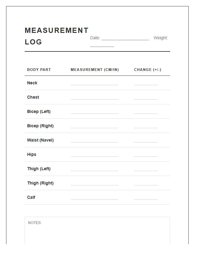 Simple Body Measurement Log Chart Printable Layout
