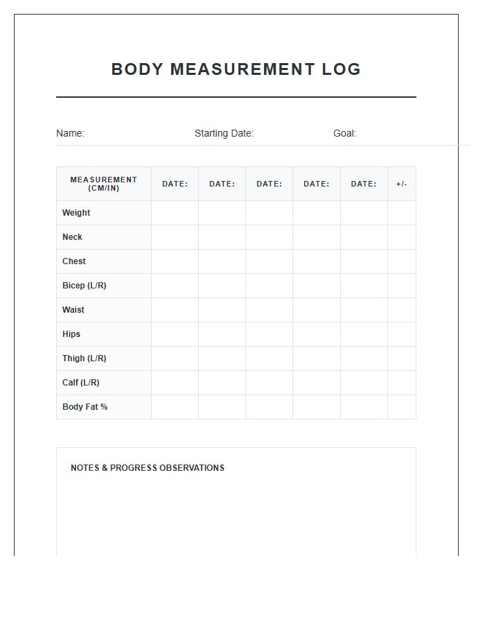 Weight Loss Body Measurement Log Printable Chart