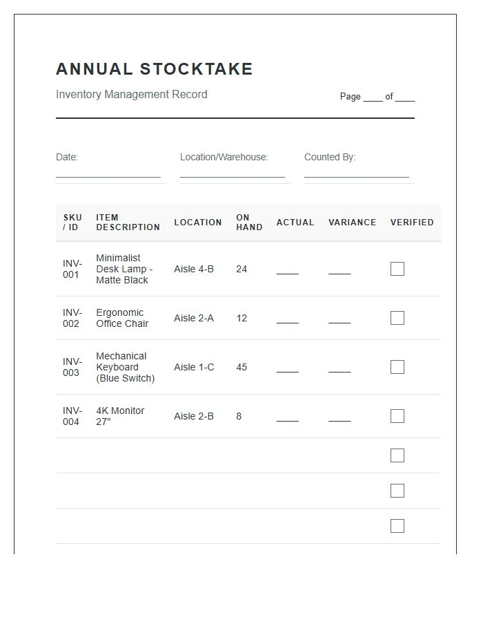 Annual Stocktake Inventory Management Printable Chart