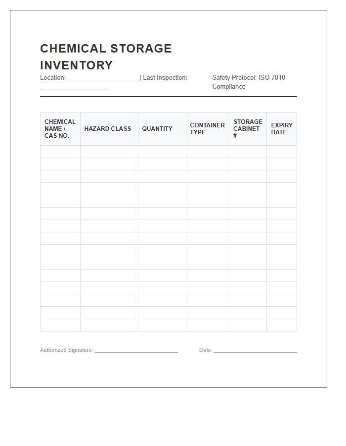 Chemical Storage Inventory Management Printable Chart