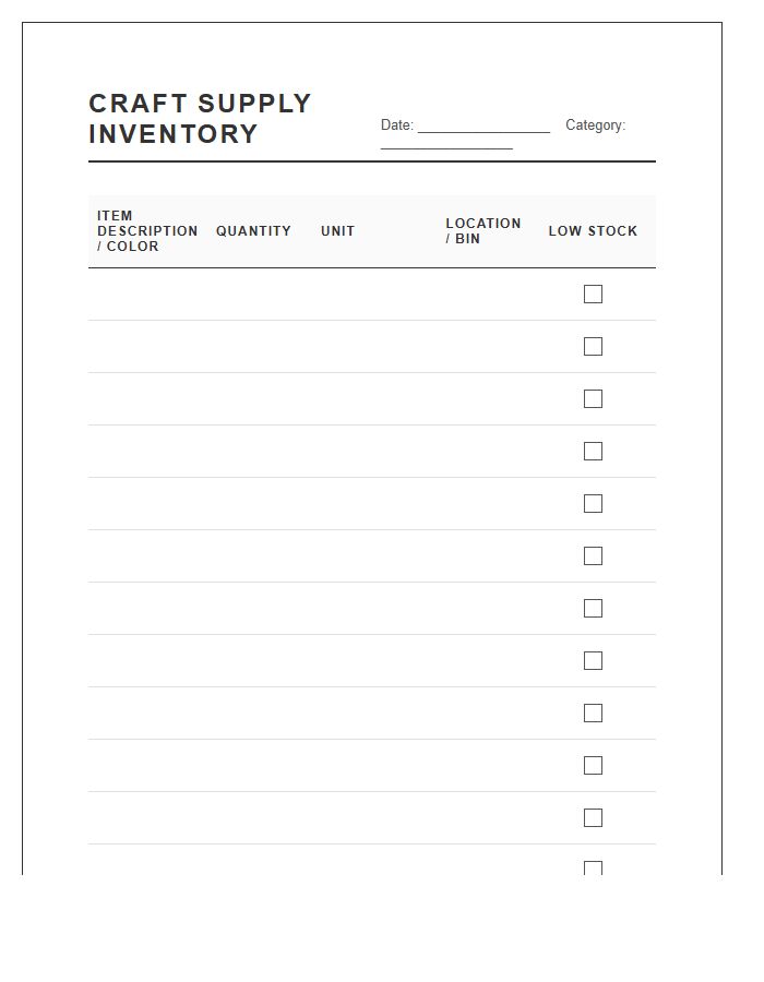 Craft Supply Inventory Management Printable Chart