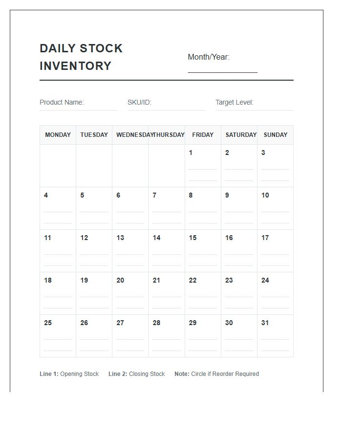 Daily Stock Level Inventory Printable Calendar Chart