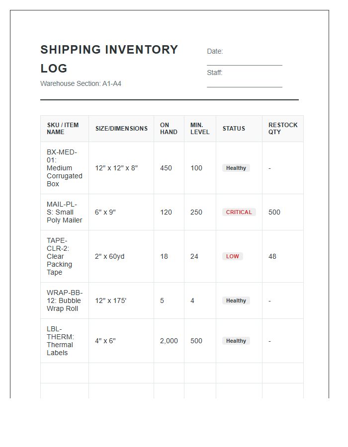 E-commerce Shipping Inventory Management Printable Chart