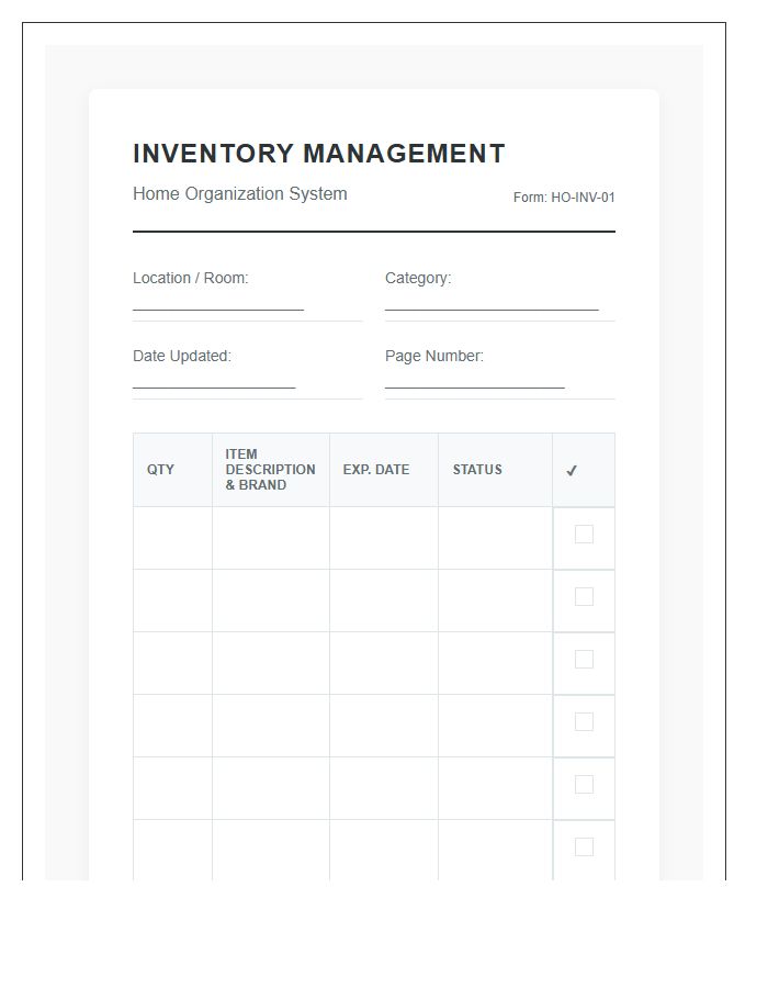 Home Organization Inventory Management Printable Chart