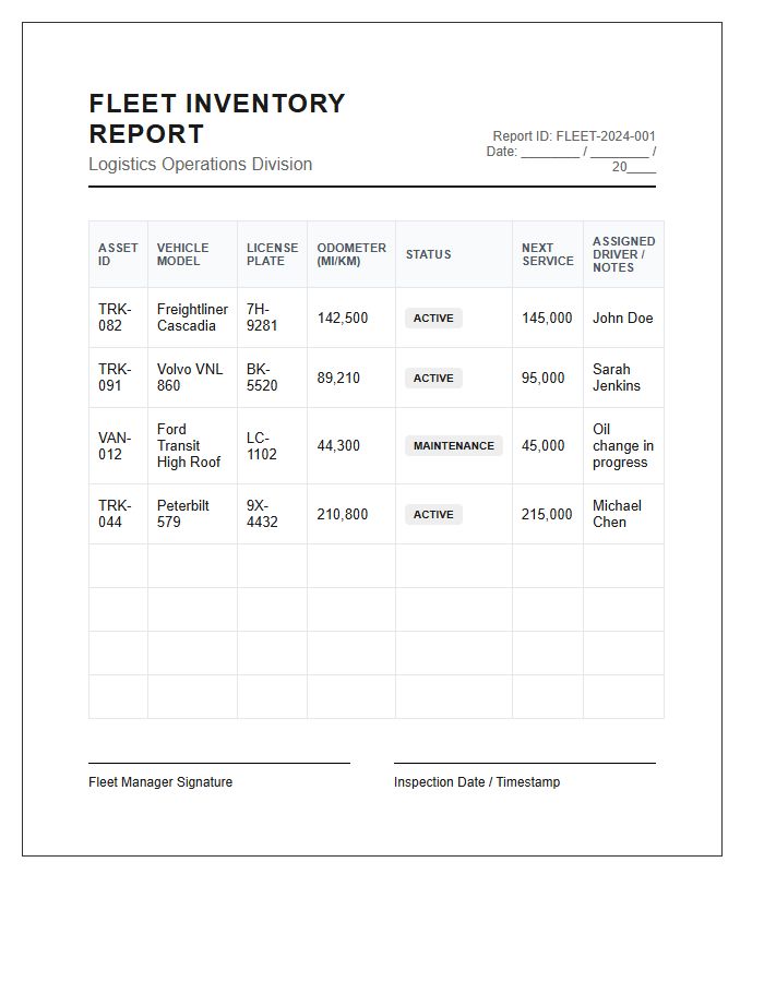 Logistics Fleet Inventory Management Printable Chart