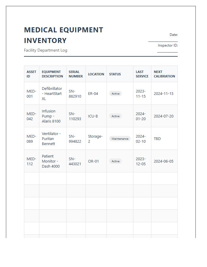Medical Equipment Inventory Management Printable Chart
