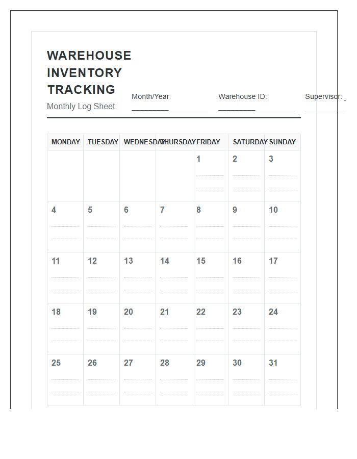 Monthly Warehouse Inventory Tracking Printable Calendar Chart