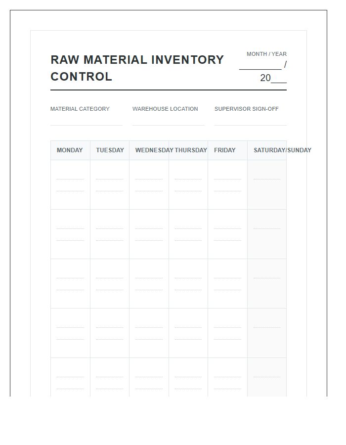 Raw Material Inventory Control Printable Calendar Chart