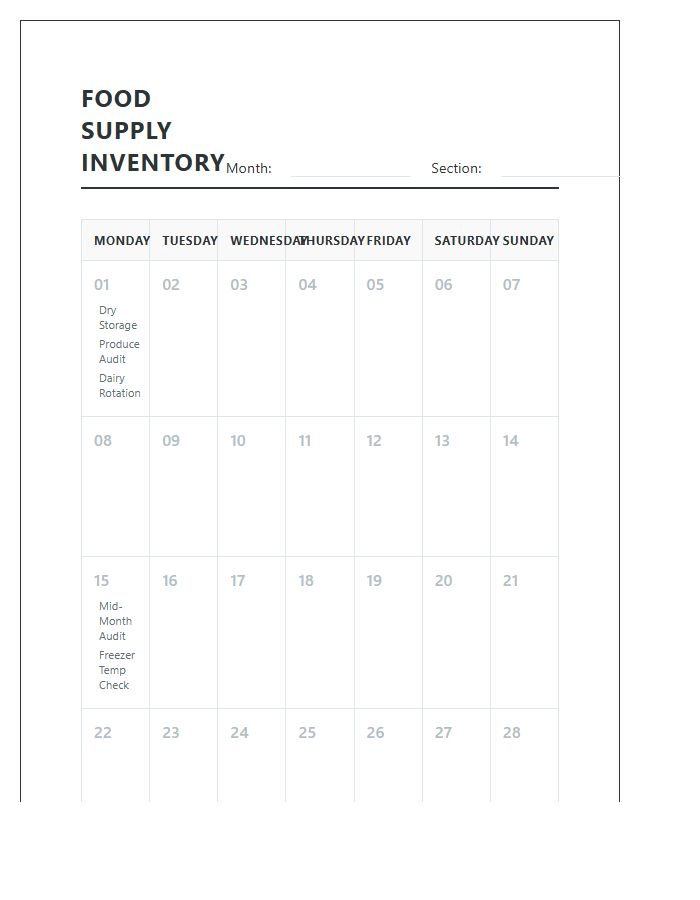 Restaurant Food Supply Inventory Printable Calendar Chart