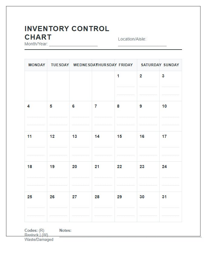Retail Product Inventory Control Printable Calendar Chart