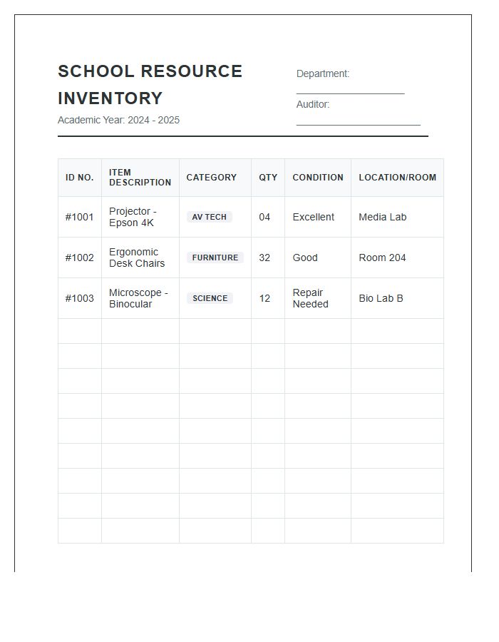 School Resource Inventory Management Printable Chart
