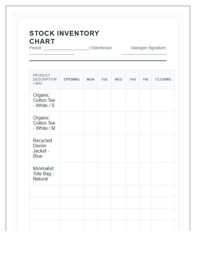 Small Business Stock Management Printable Calendar Chart