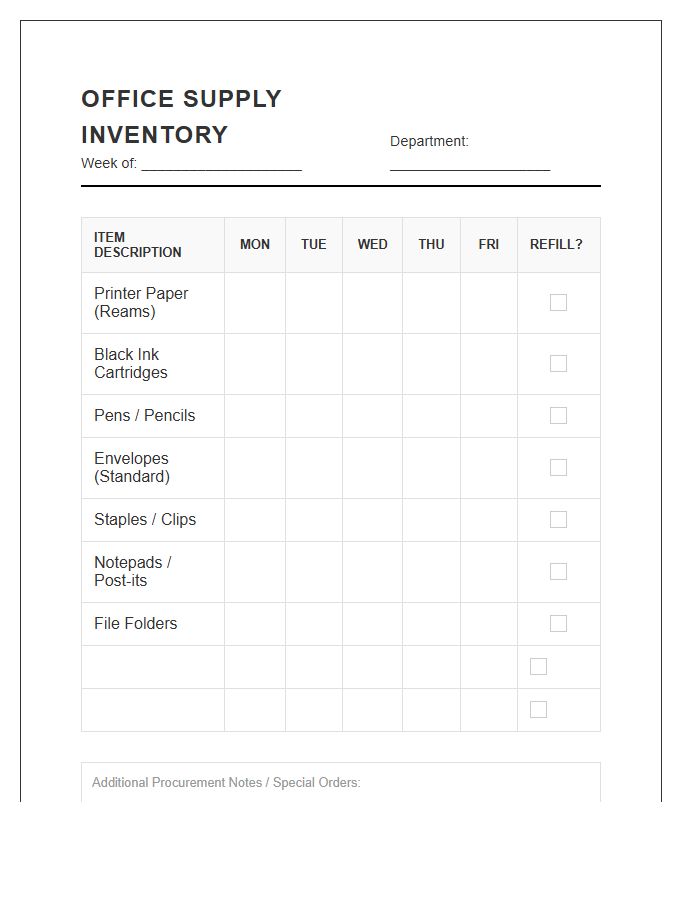 Weekly Office Supply Inventory Printable Calendar Chart