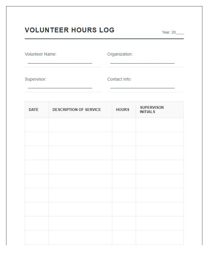 Community Service Printable Volunteer Hours Tracking Log Chart
