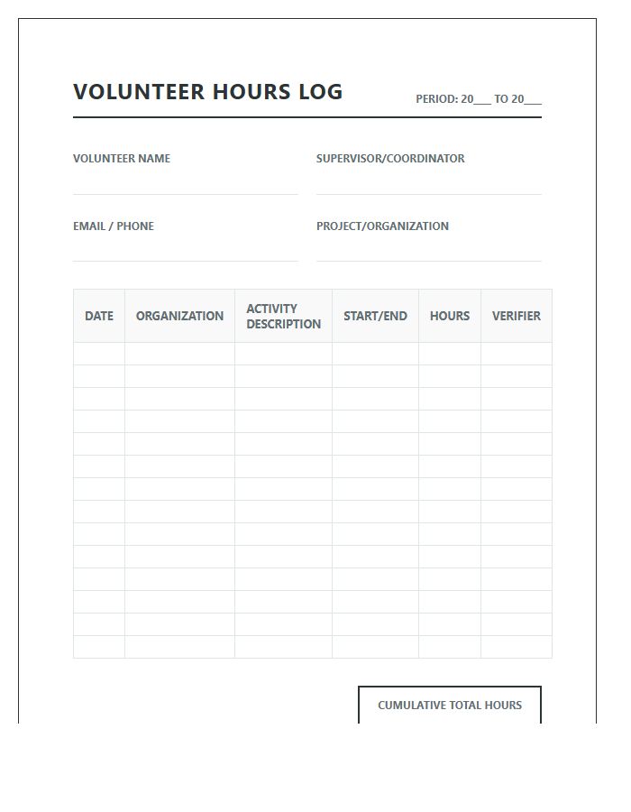 Detailed Printable Volunteer Hours Tracking Log Chart Format