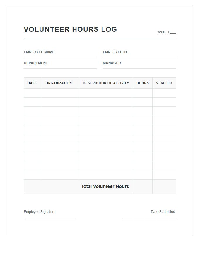 Employee Volunteering Printable Volunteer Hours Tracking Log Chart