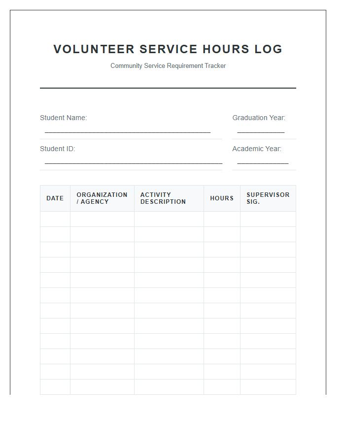 High School Printable Volunteer Hours Tracking Log Chart
