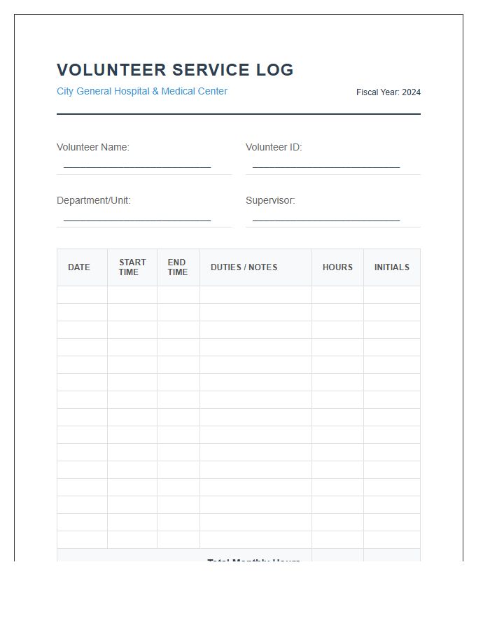 Hospital Volunteer Printable Volunteer Hours Tracking Log Chart