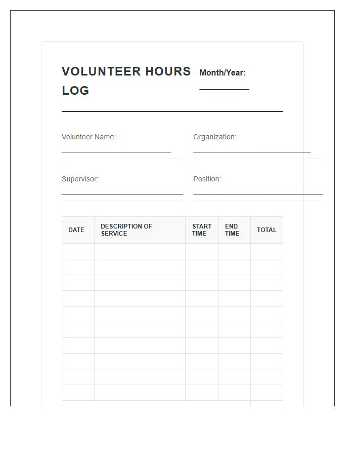Monthly Printable Volunteer Hours Tracking Log Chart Tracker