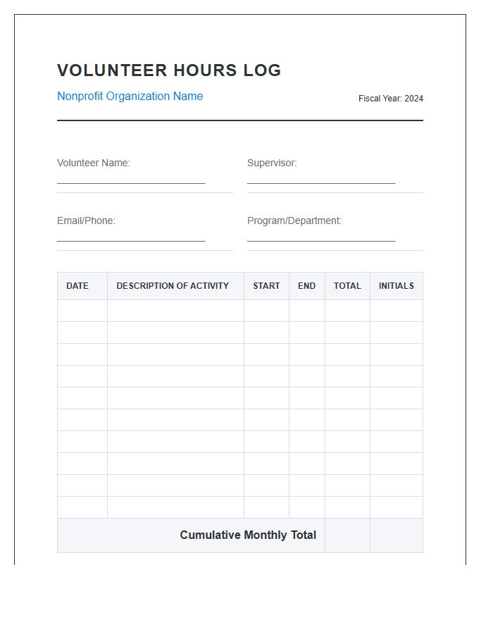 Nonprofit Printable Volunteer Hours Tracking Log Chart