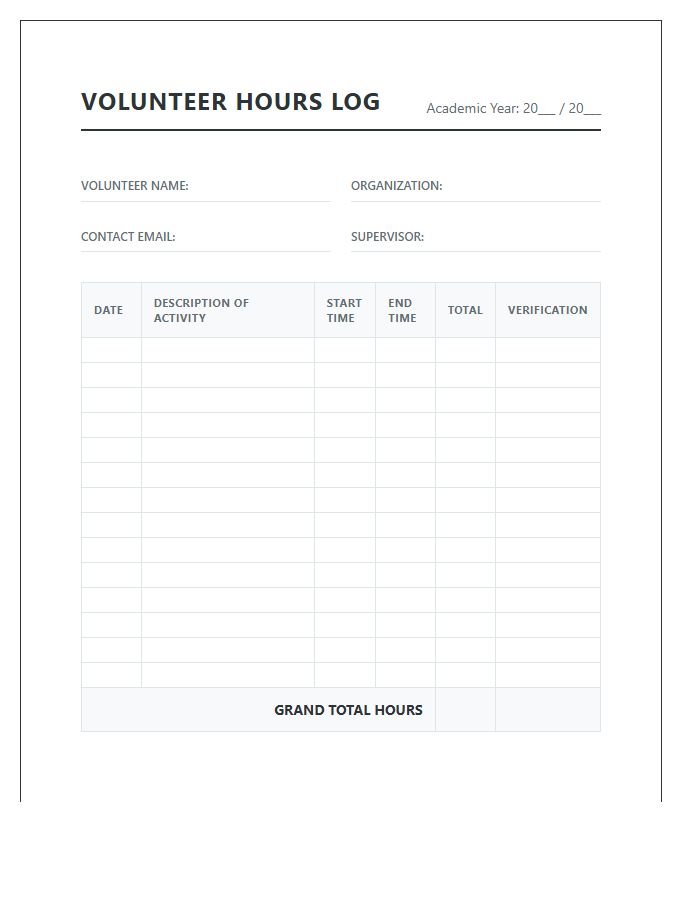 Official Printable Volunteer Hours Tracking Log Chart Record