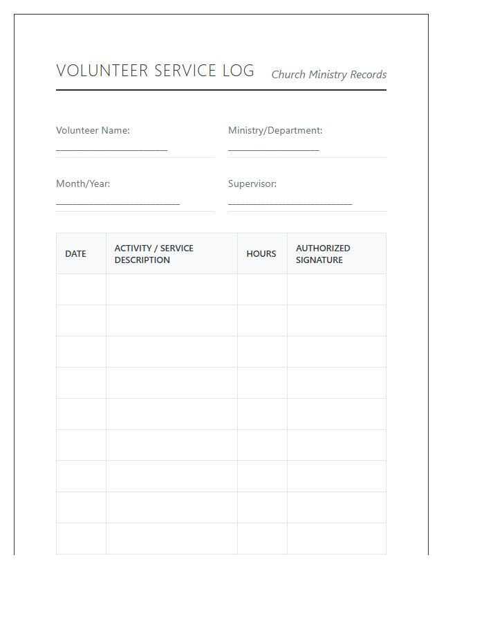 Printable Volunteer Hours Tracking Log Chart For Church Service