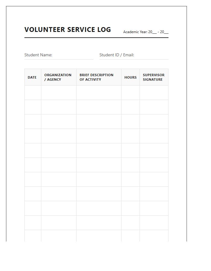 Printable Volunteer Hours Tracking Log Chart For College Applications