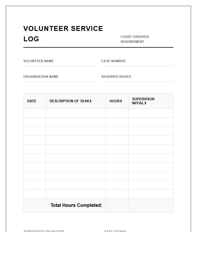 Printable Volunteer Hours Tracking Log Chart For Court Ordered Service
