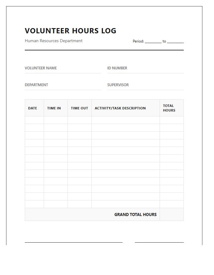 Printable Volunteer Hours Tracking Log Chart For Human Resources