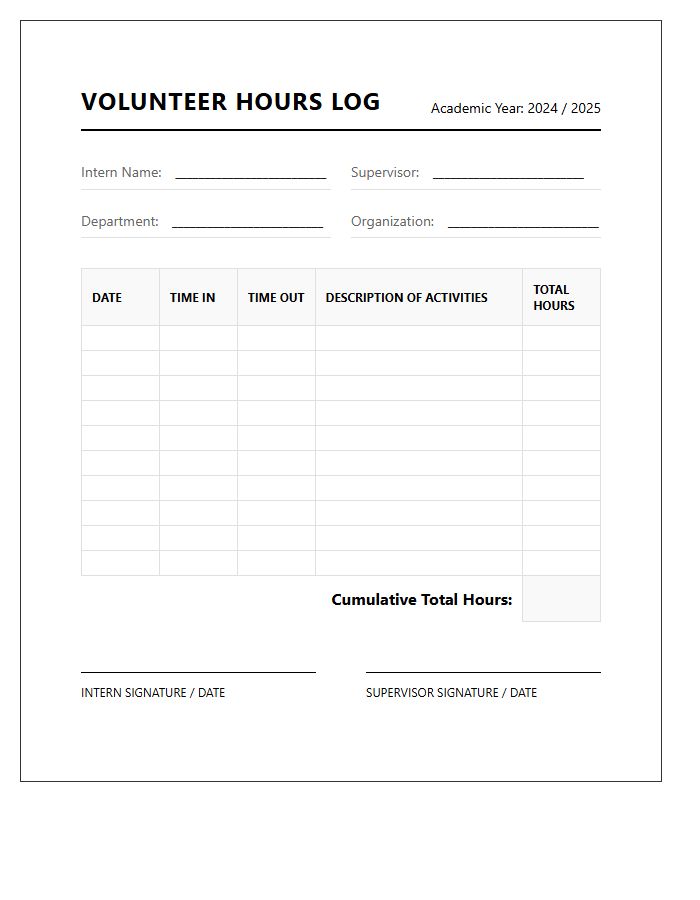 Printable Volunteer Hours Tracking Log Chart For Interns