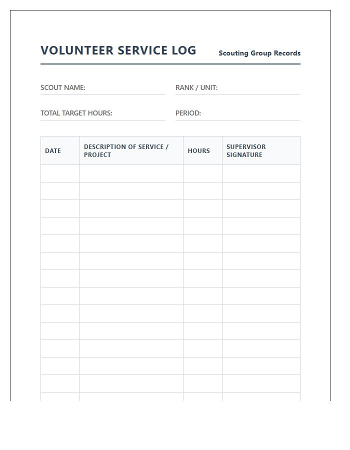 Printable Volunteer Hours Tracking Log Chart For Scouting Groups