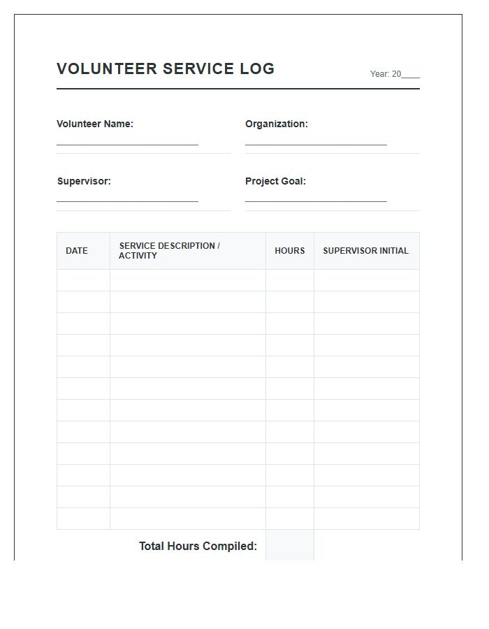 Printable Volunteer Hours Tracking Log Chart For Service Projects