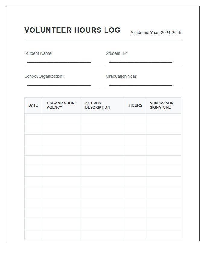 Printable Volunteer Hours Tracking Log Chart For Students