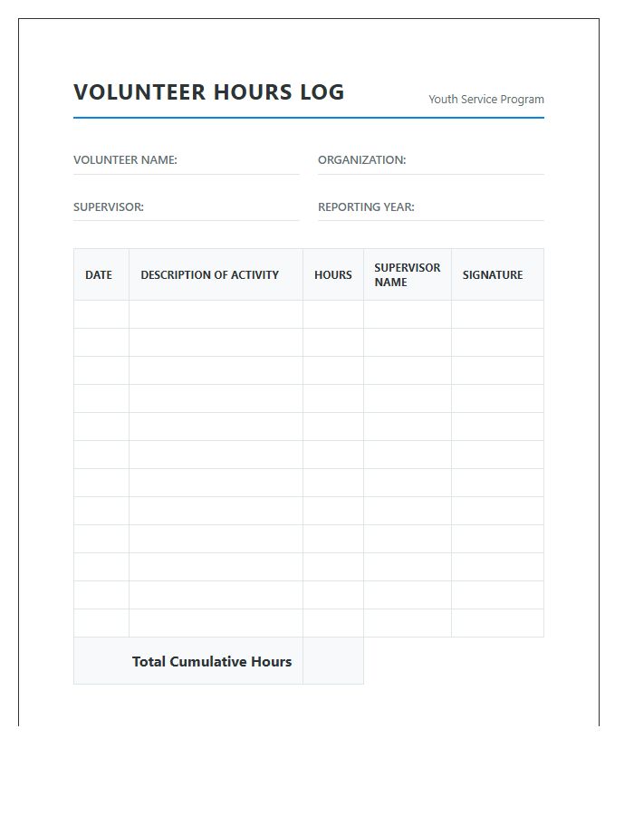 Printable Volunteer Hours Tracking Log Chart For Youth Organizations