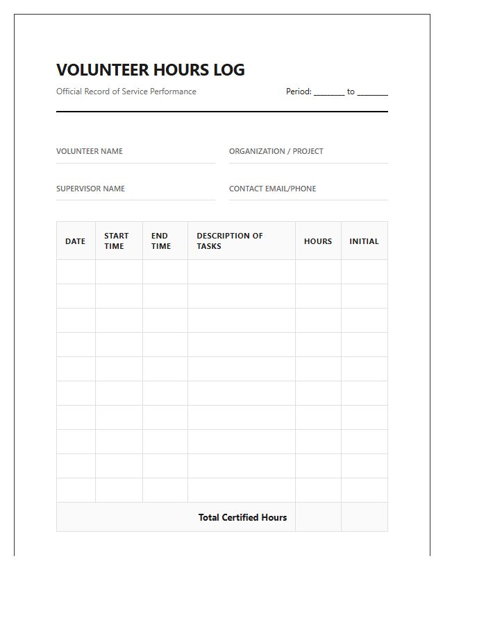 Professional Printable Volunteer Hours Tracking Log Chart Layout